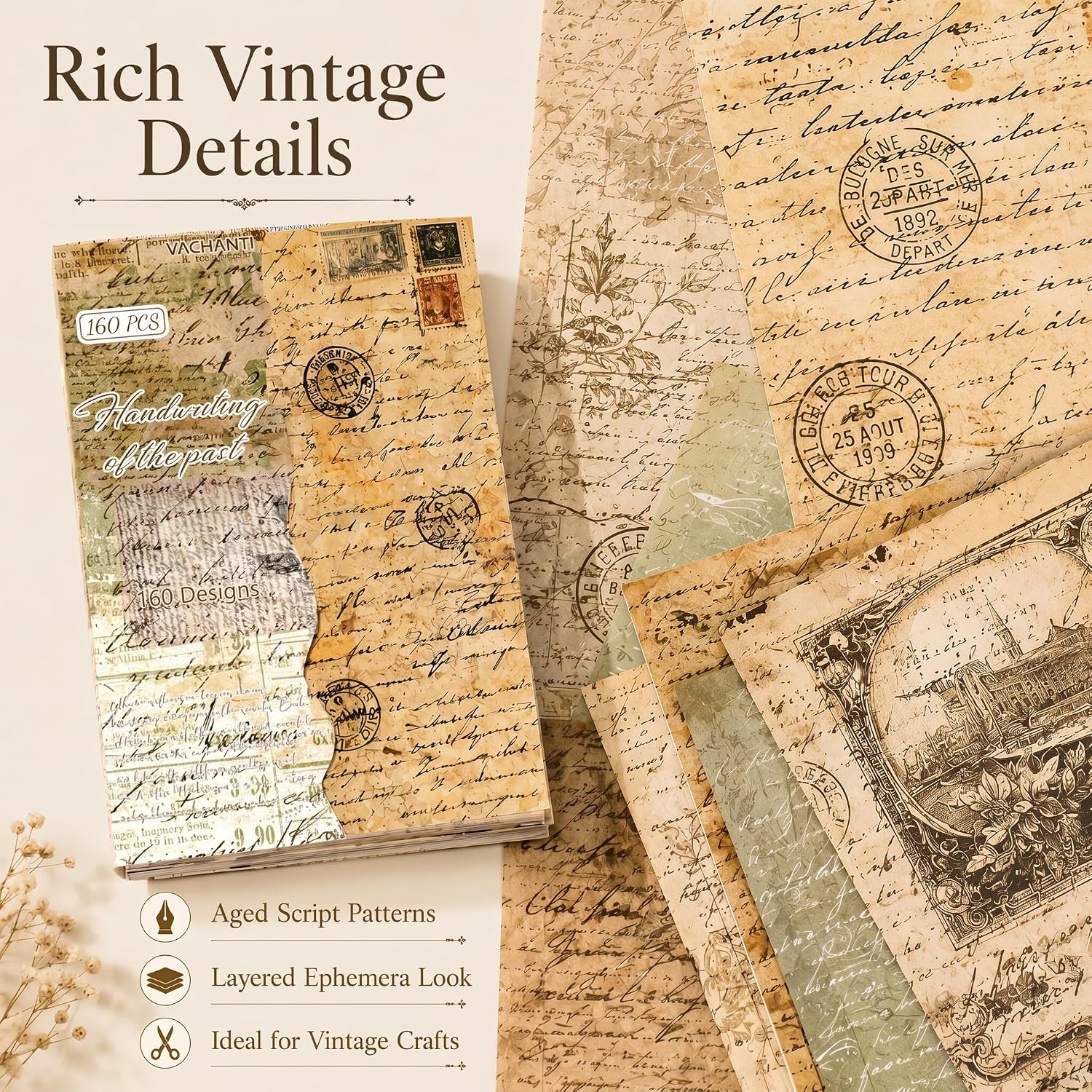 160-Sheet Vintage Decorative Paper Pack
